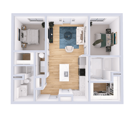 A top down view of a small apartment with a bedroom, living room, and kitchen.